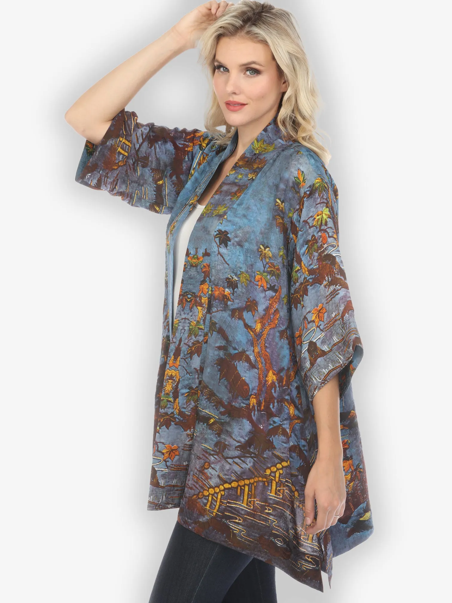 Flowers Over Water Silk Blend Kimono Jacket