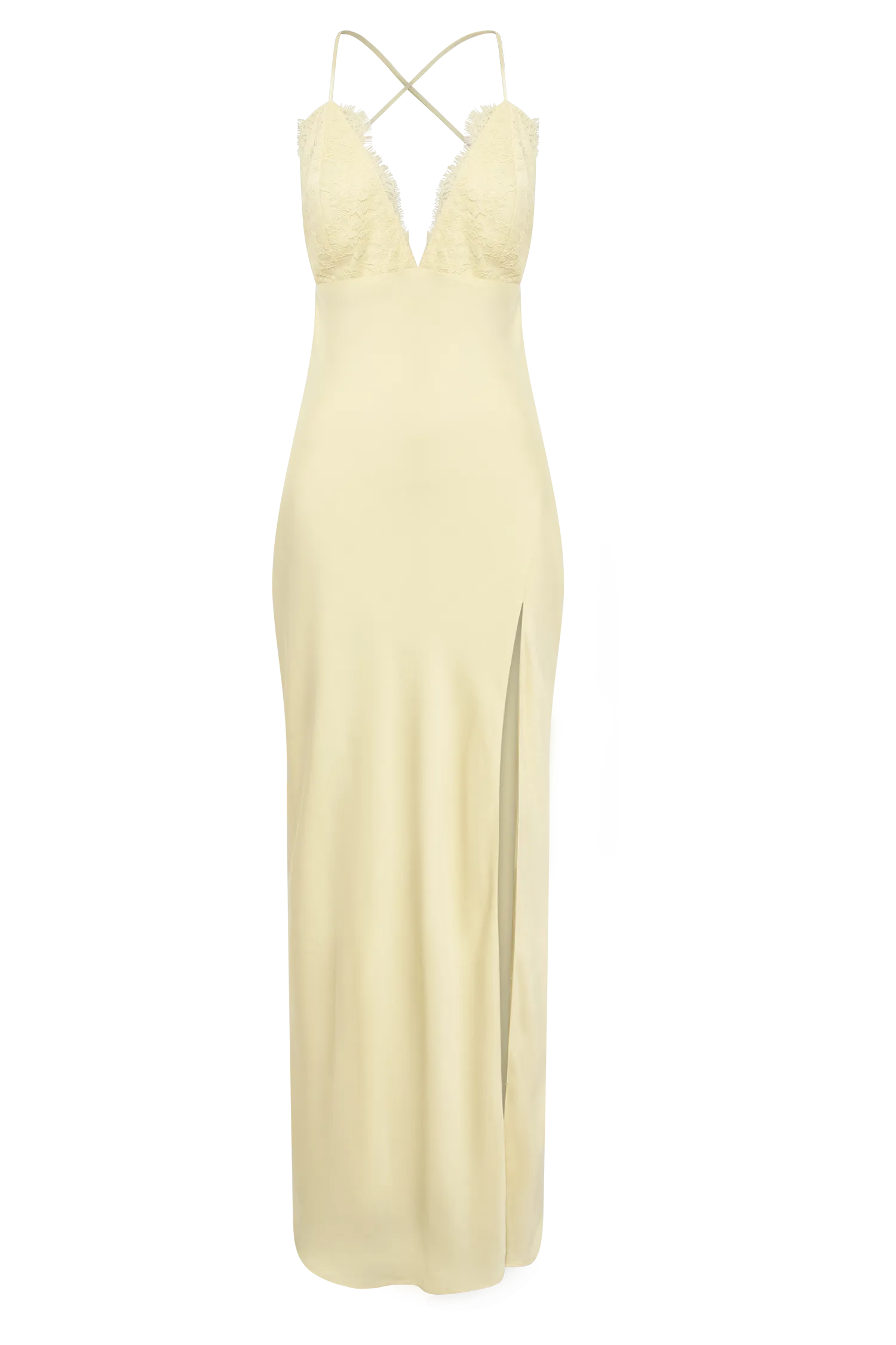 Gina Satin Slip Maxi Dress With Lace - Lemon