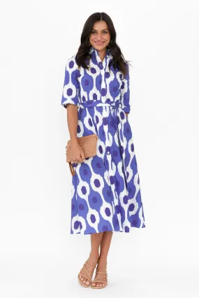 Grace Blue Abstract Spot Cotton Poplin Dress