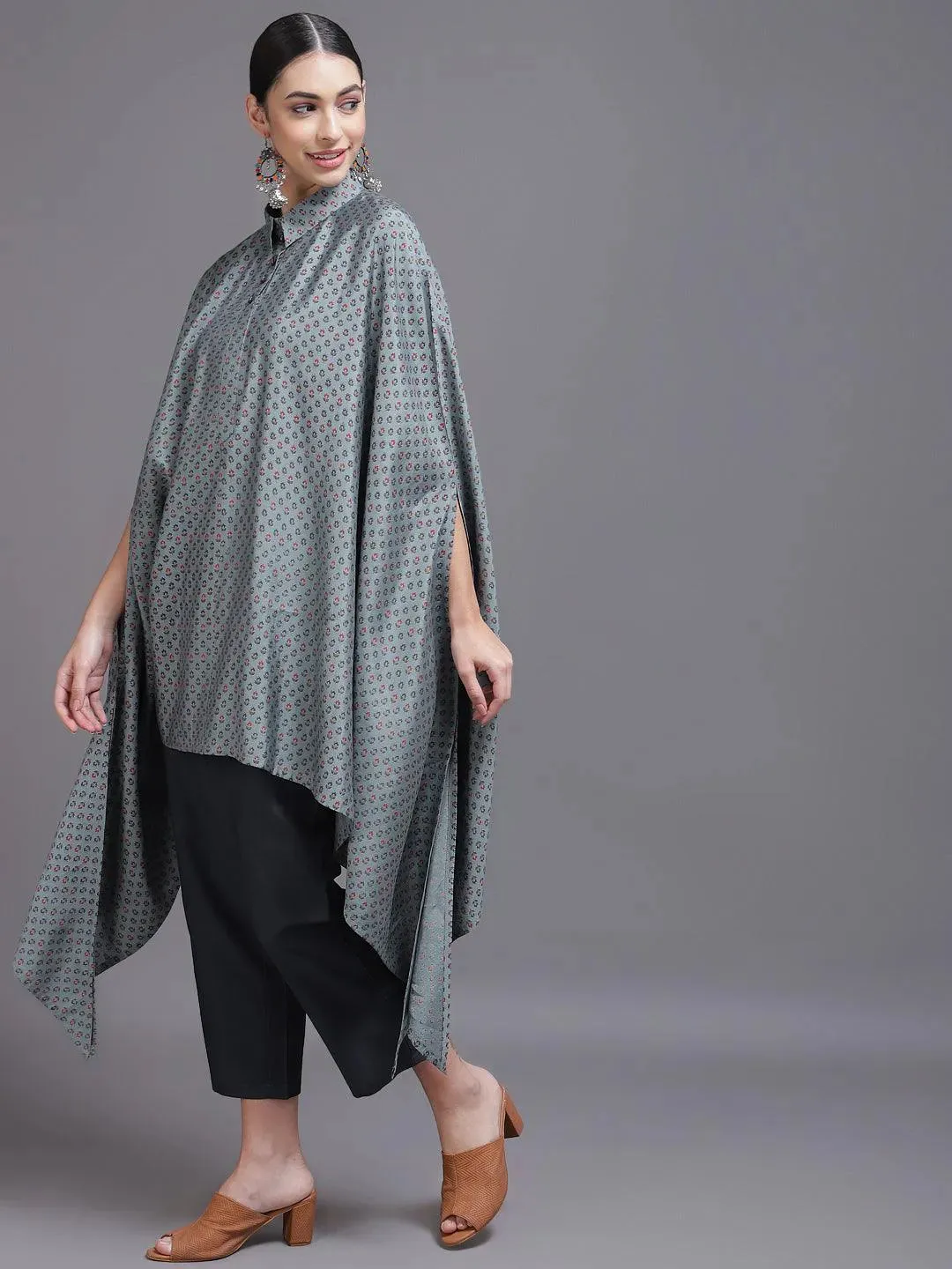 Grey Printed Silk Blend Kaftan Kaftan With Trousers