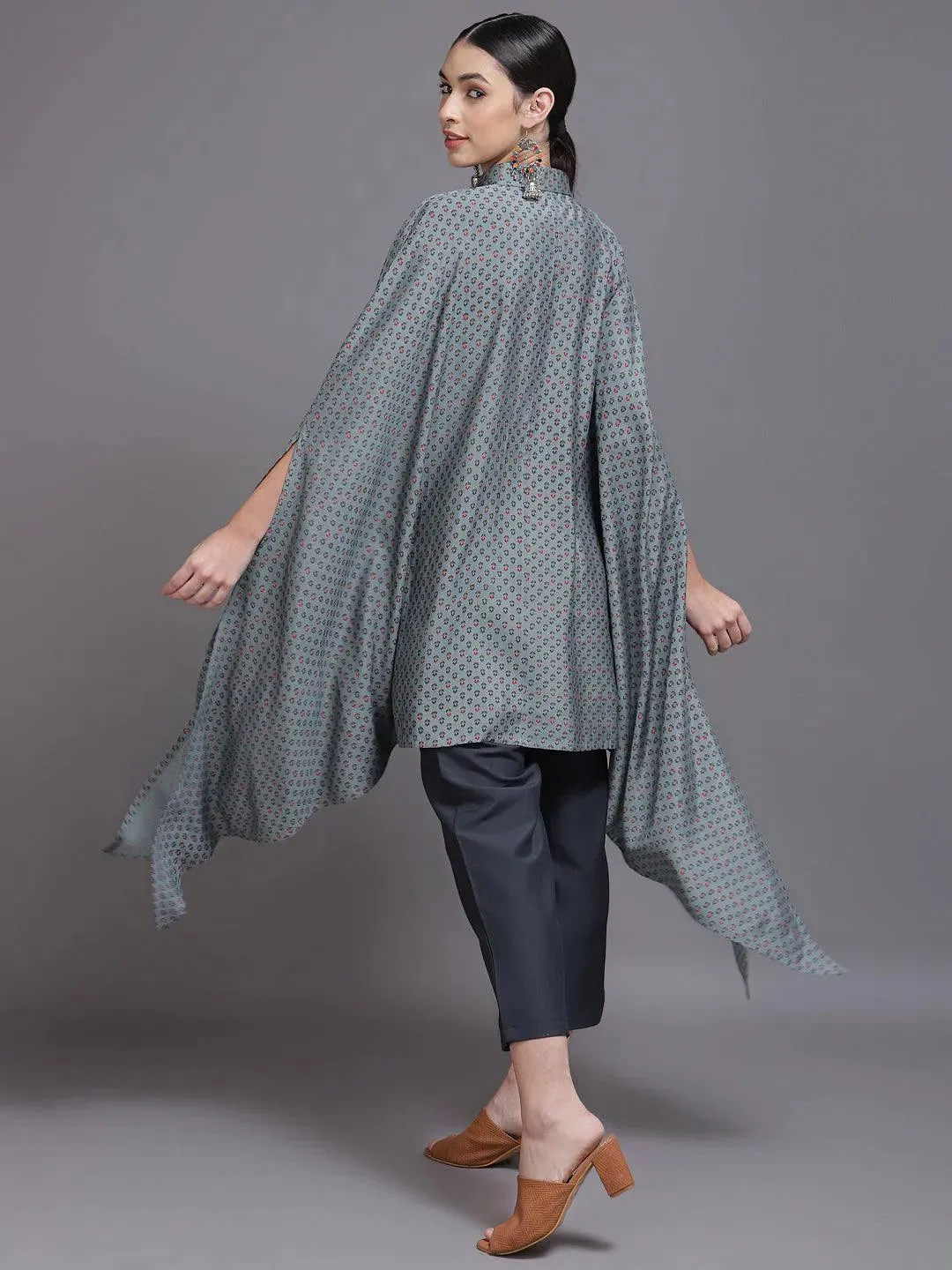 Grey Printed Silk Blend Kaftan Kaftan With Trousers