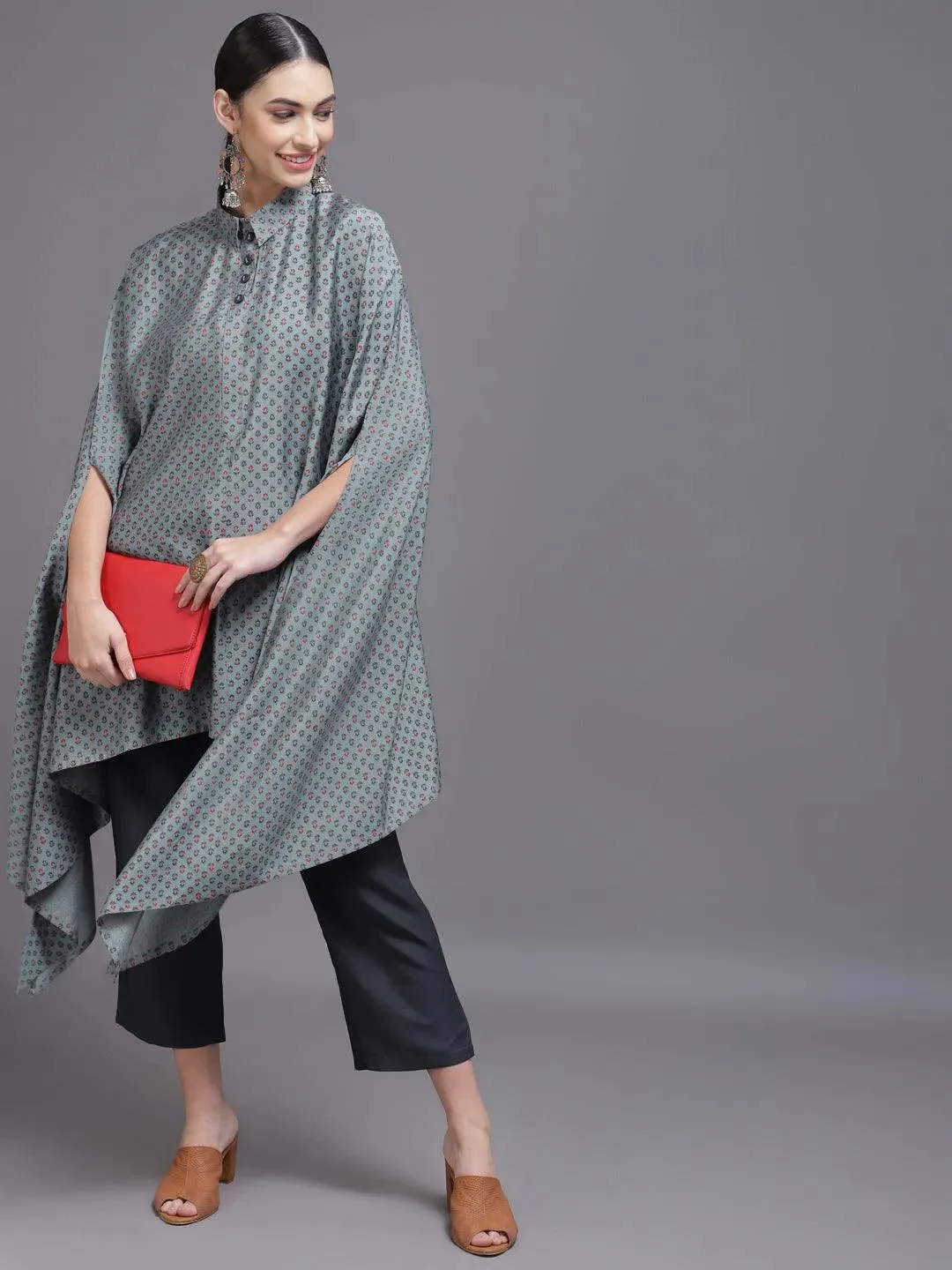 Grey Printed Silk Blend Kaftan Kaftan With Trousers