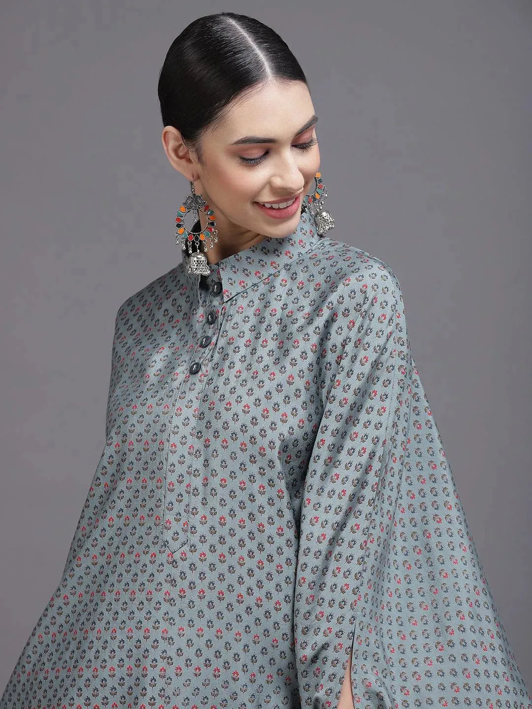 Grey Printed Silk Blend Kaftan Kaftan With Trousers