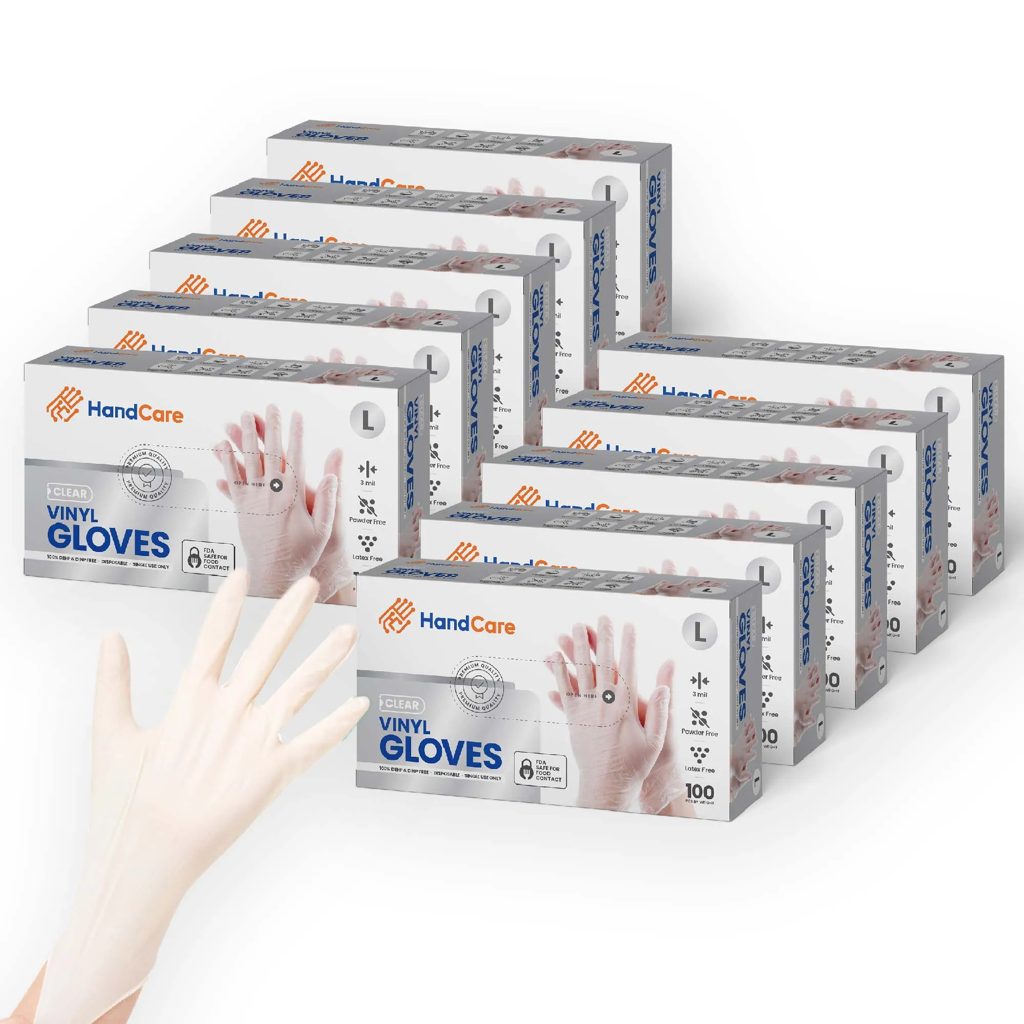 HandCare Vinyl Gloves - Exam Grade, Powder Free (Clear), 1,000 Gloves