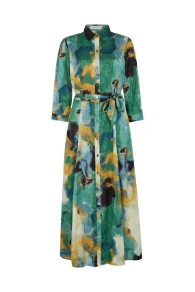 Hazel Button Down Painterly Print Midi Dress In Green