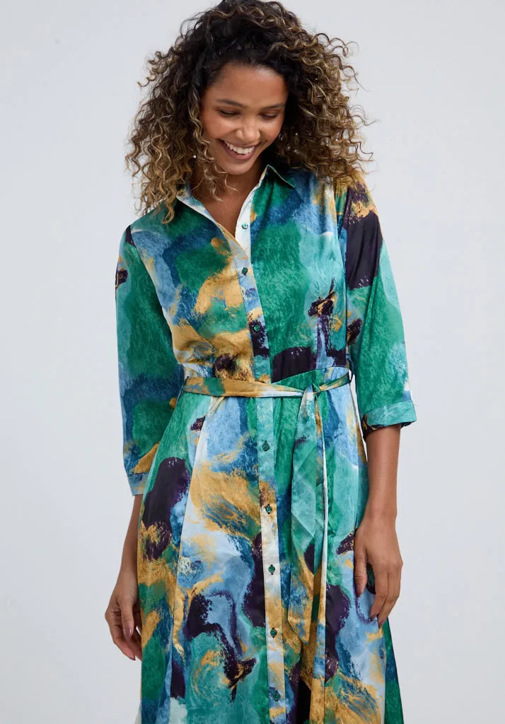 Hazel Button Down Painterly Print Midi Dress In Green