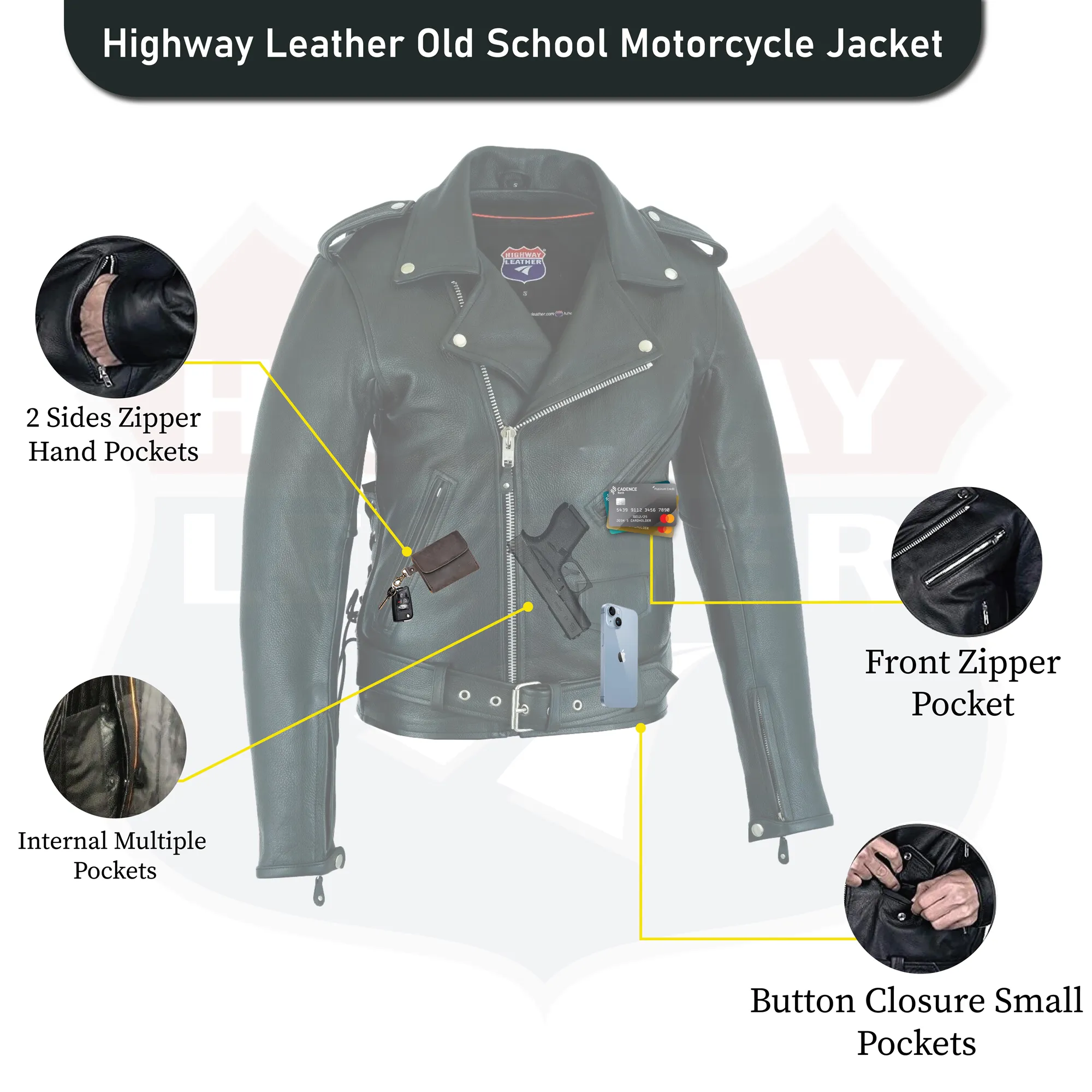 HL10205BLACK Old School Police Style Motorcycle Leather Jacket