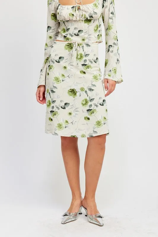 Hot Girl Green Ivy Floral Drawstring Midi Skirt