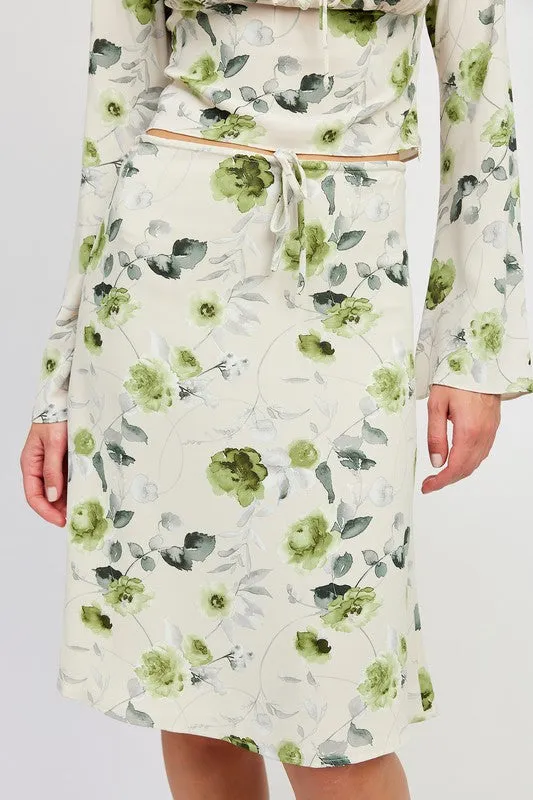 Hot Girl Green Ivy Floral Drawstring Midi Skirt