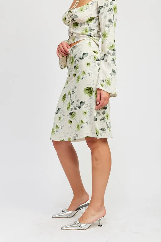 Hot Girl Green Ivy Floral Drawstring Midi Skirt