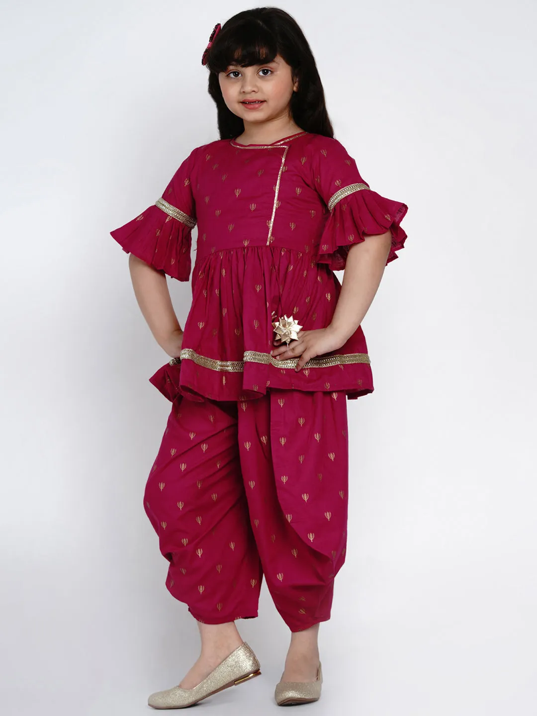 Jashvi Girls Magenta Printed Kurti with Dhoti Pants