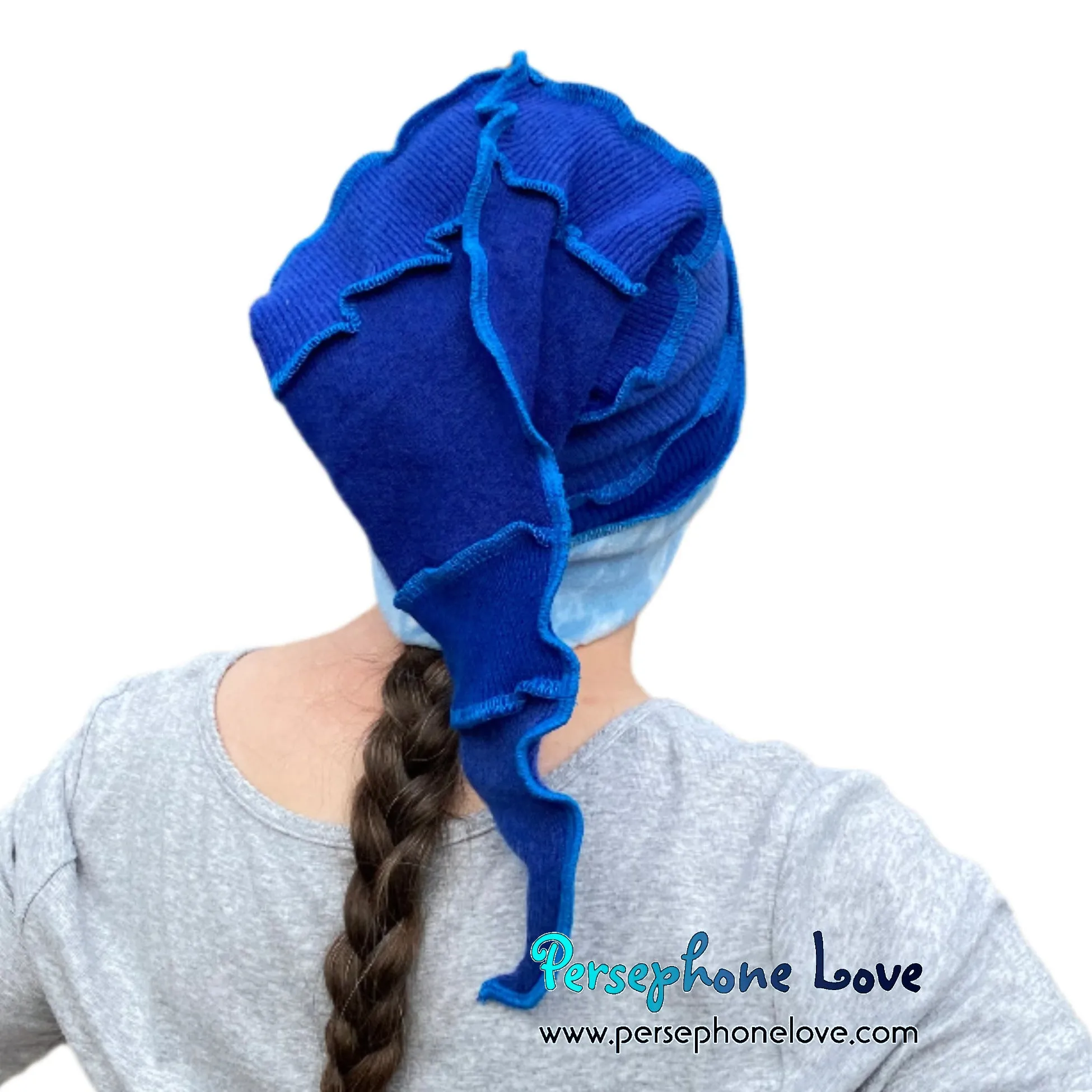 Katwise inspired blue 100% cashmere/fleece patchwork elf jester hat-1515