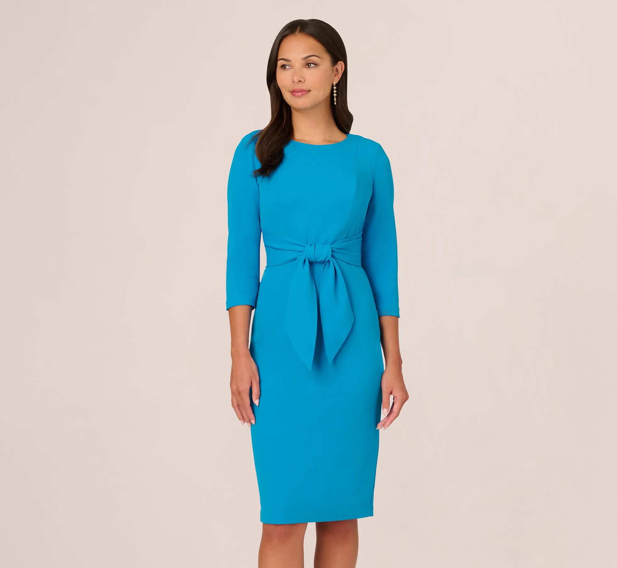 Knit Crepe Bow Sheath Dress With Three Quarter Sleeves In Blue Coast