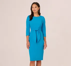 Knit Crepe Bow Sheath Dress With Three Quarter Sleeves In Blue Coast