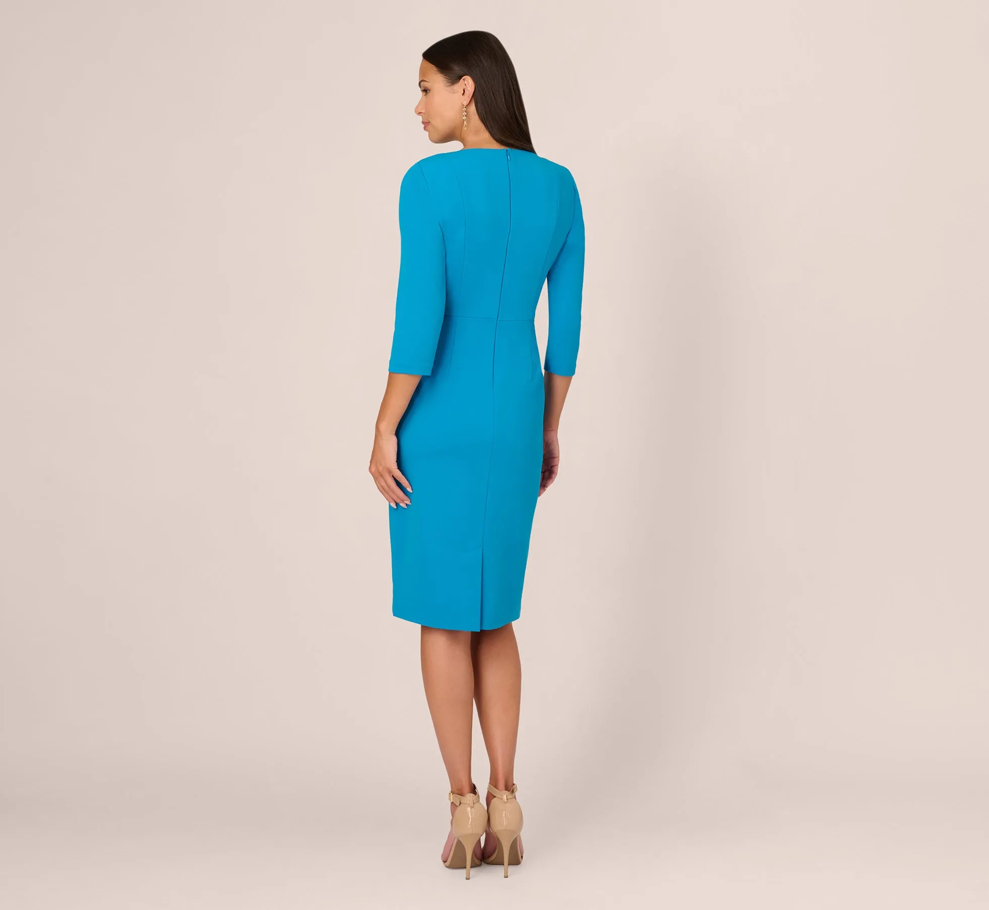 Knit Crepe Bow Sheath Dress With Three Quarter Sleeves In Blue Coast