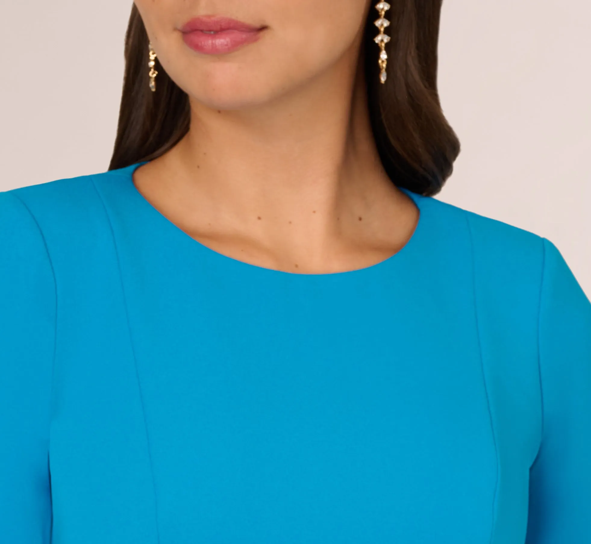 Knit Crepe Bow Sheath Dress With Three Quarter Sleeves In Blue Coast