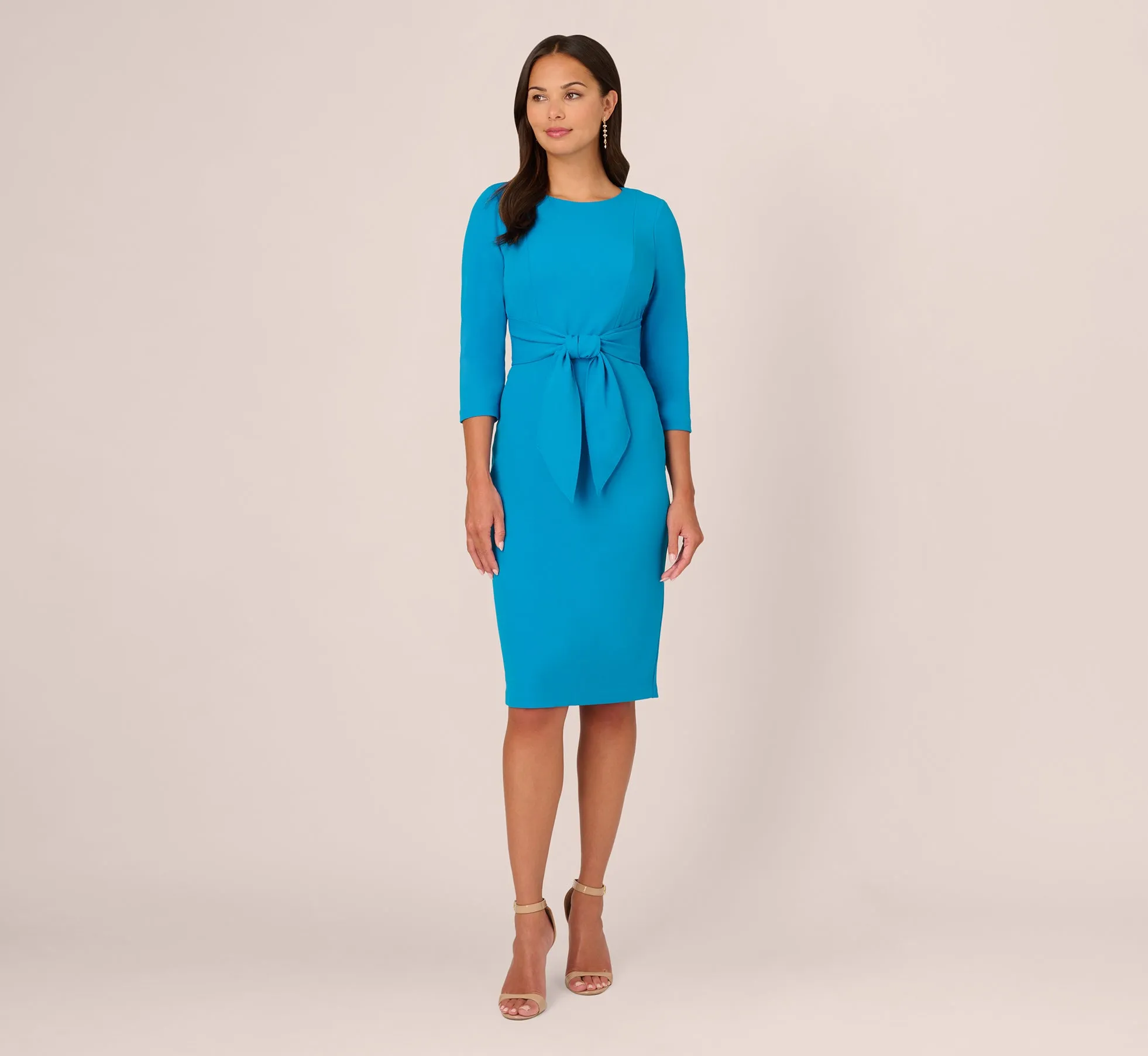 Knit Crepe Bow Sheath Dress With Three Quarter Sleeves In Blue Coast