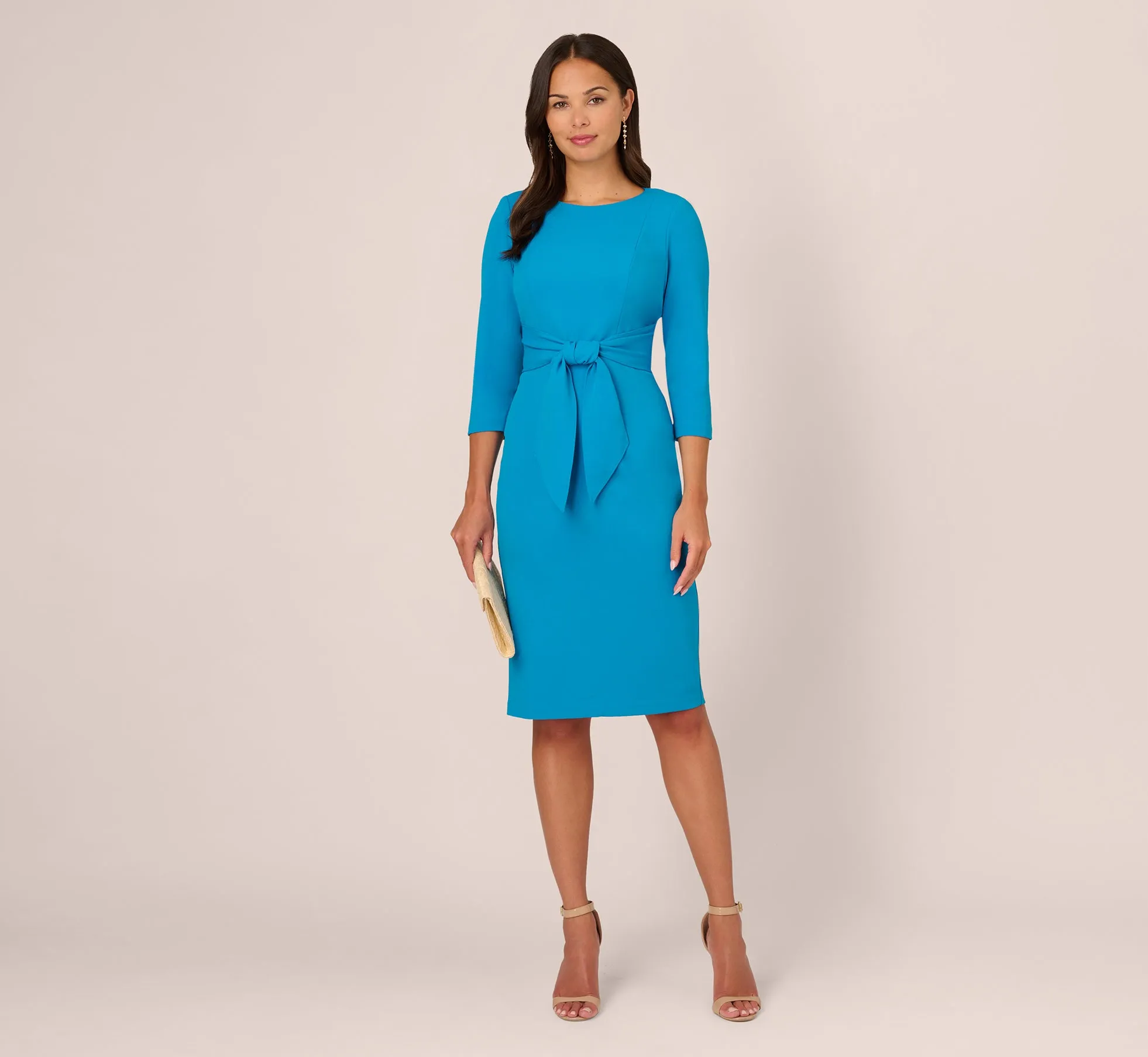 Knit Crepe Bow Sheath Dress With Three Quarter Sleeves In Blue Coast