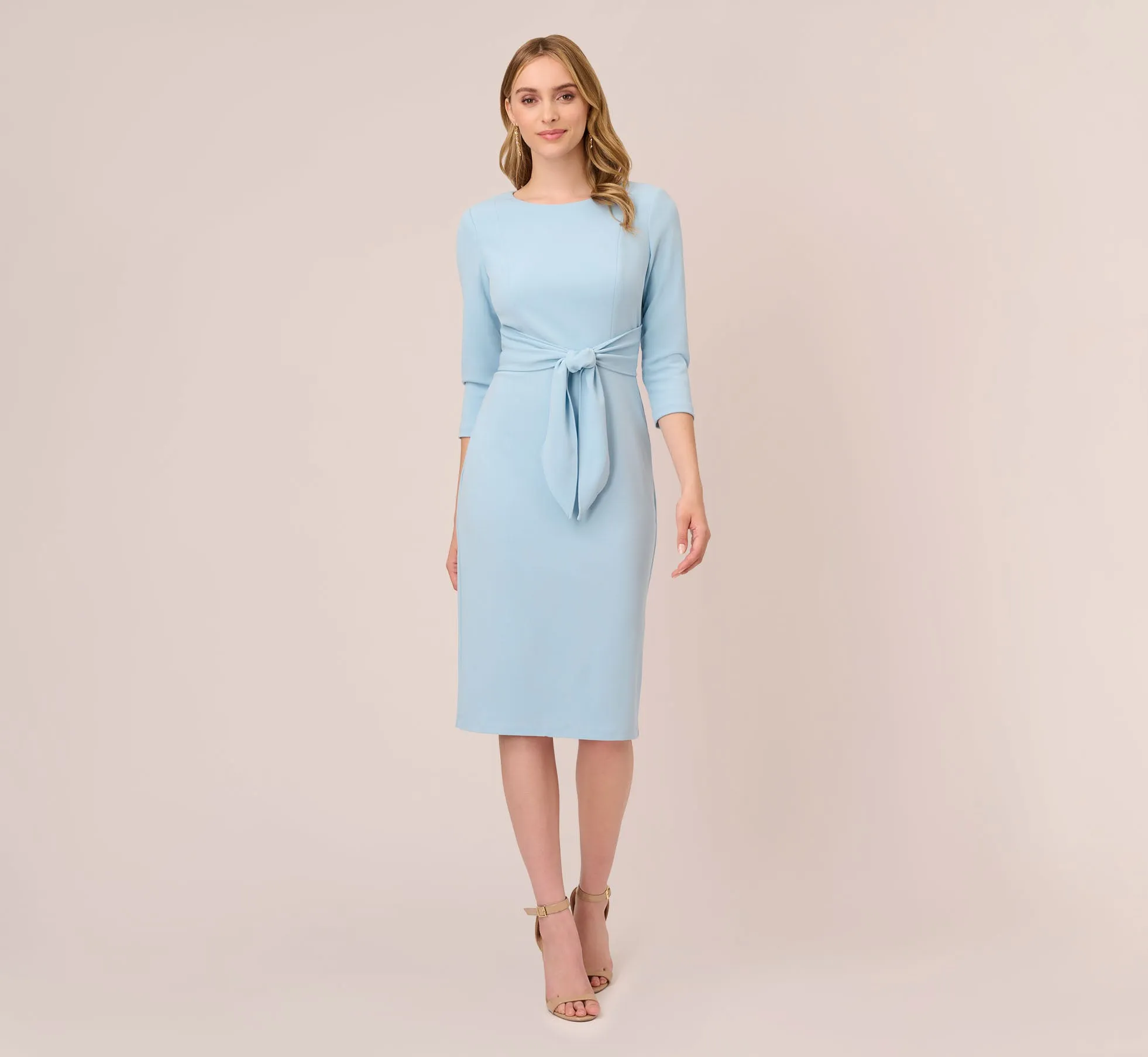 Knit Crepe Bow Sheath Dress With Three Quarter Sleeves In Blue Mist