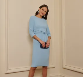 Knit Crepe Bow Sheath Dress With Three Quarter Sleeves In Blue Mist