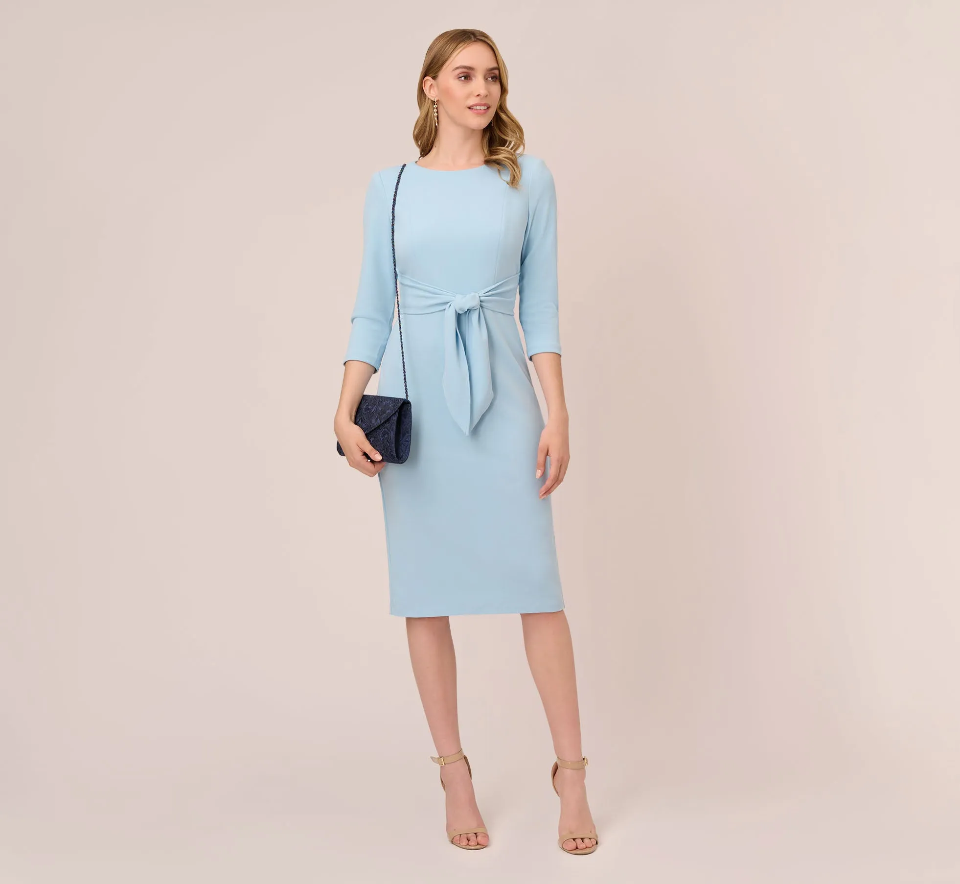 Knit Crepe Bow Sheath Dress With Three Quarter Sleeves In Blue Mist