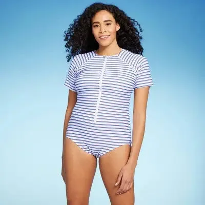 Kona Sol Striped Rash Guard Swimsuit - UPF 50  Full Coverage & Front Zipper