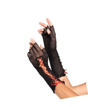 Lace Up Fishnet Elbow Length Fingerless Gloves