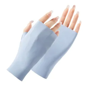 Ladies Sunscreen Gloves Half Finger Ice Silk Gloves,Style: Linked Finger(Blue)