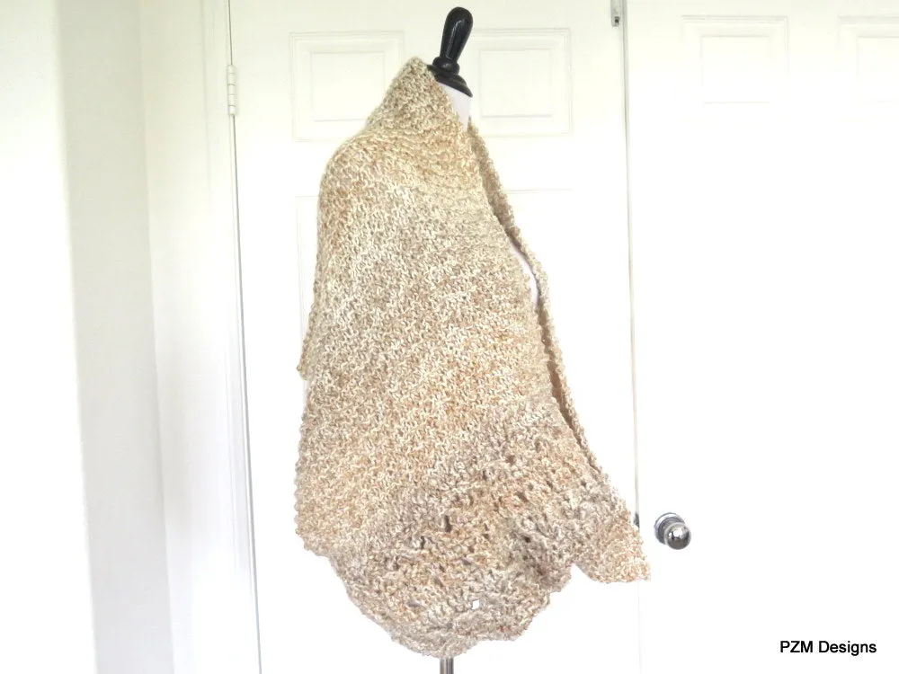 Large Beige Infinity Shawl, Oatmeal Color Knit Circle Shawl