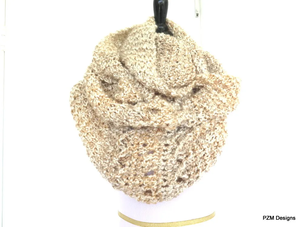 Large Beige Infinity Shawl, Oatmeal Color Knit Circle Shawl