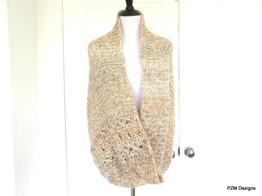 Large Beige Infinity Shawl, Oatmeal Color Knit Circle Shawl