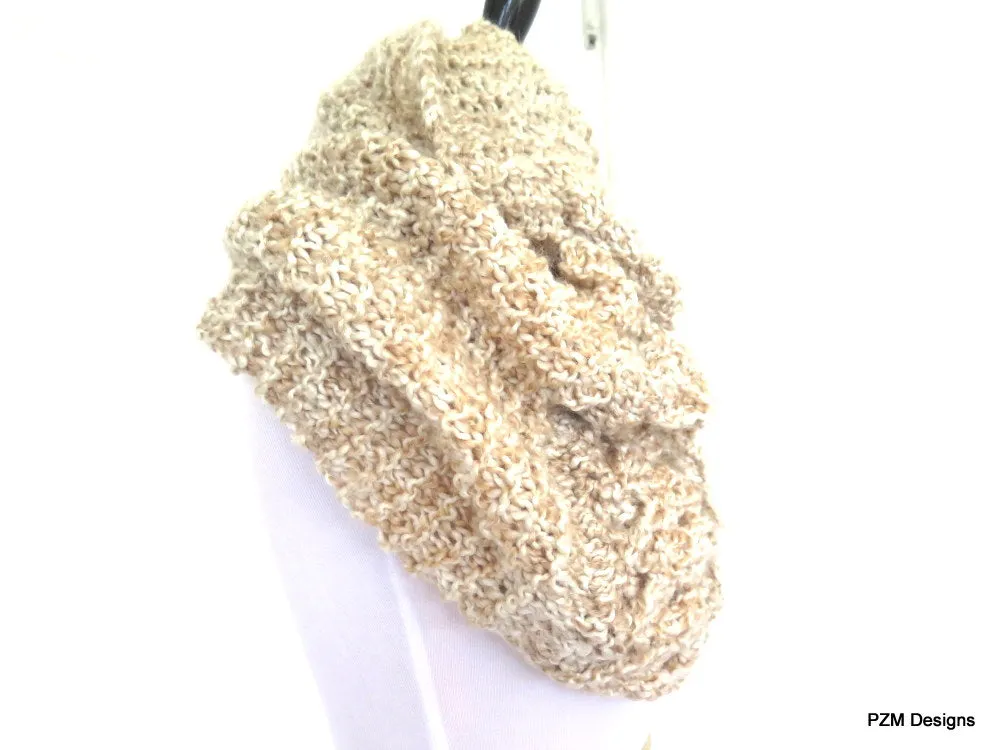 Large Beige Infinity Shawl, Oatmeal Color Knit Circle Shawl