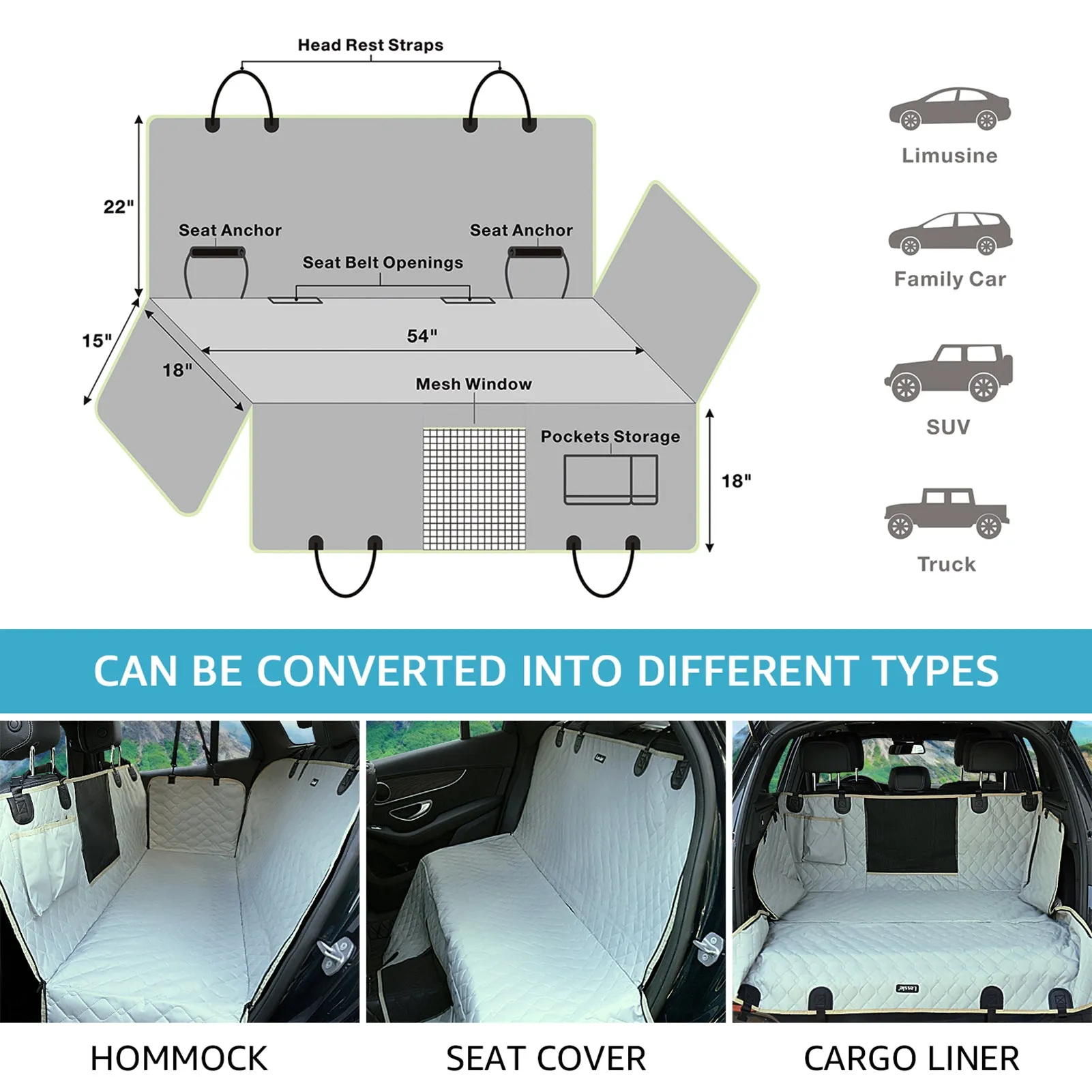 Lassie Dog Car Seat Covers for Back Seat 100% Waterproof with Mesh Visual Window for Cars, Trucks & SUVs