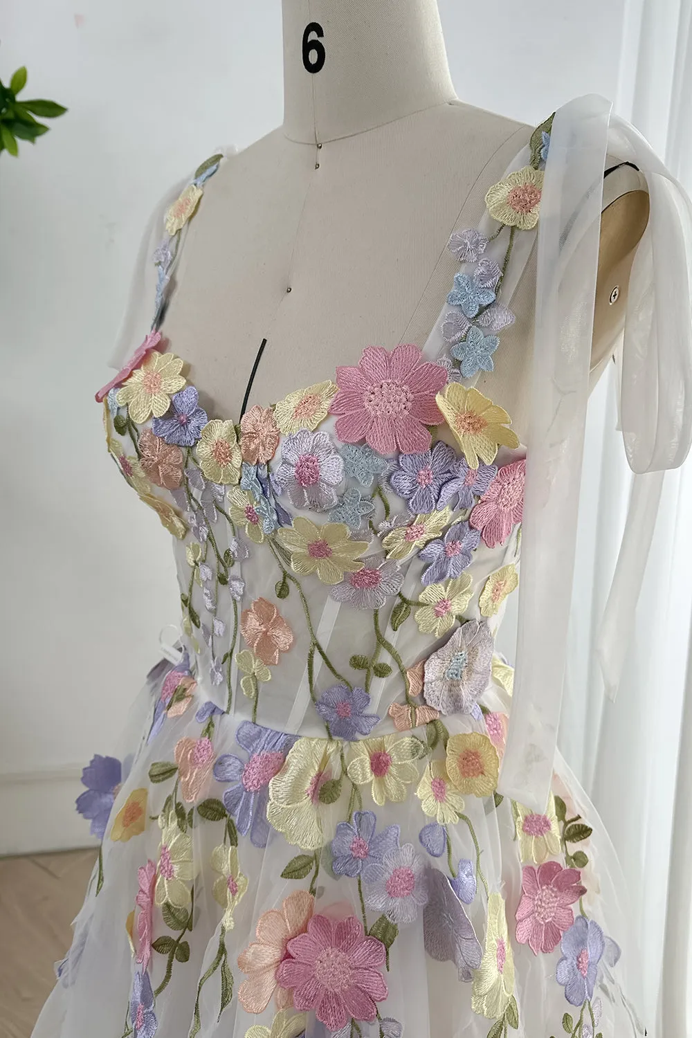 Lavender Embroidery Floral Corset Long Dress with Tie Straps