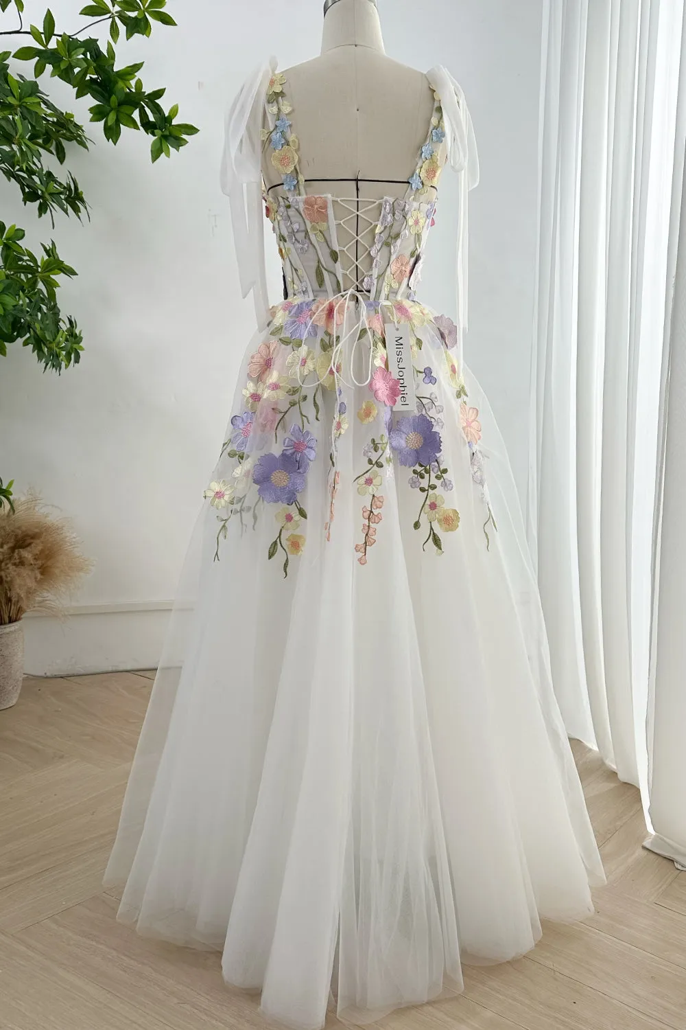 Lavender Embroidery Floral Corset Long Dress with Tie Straps