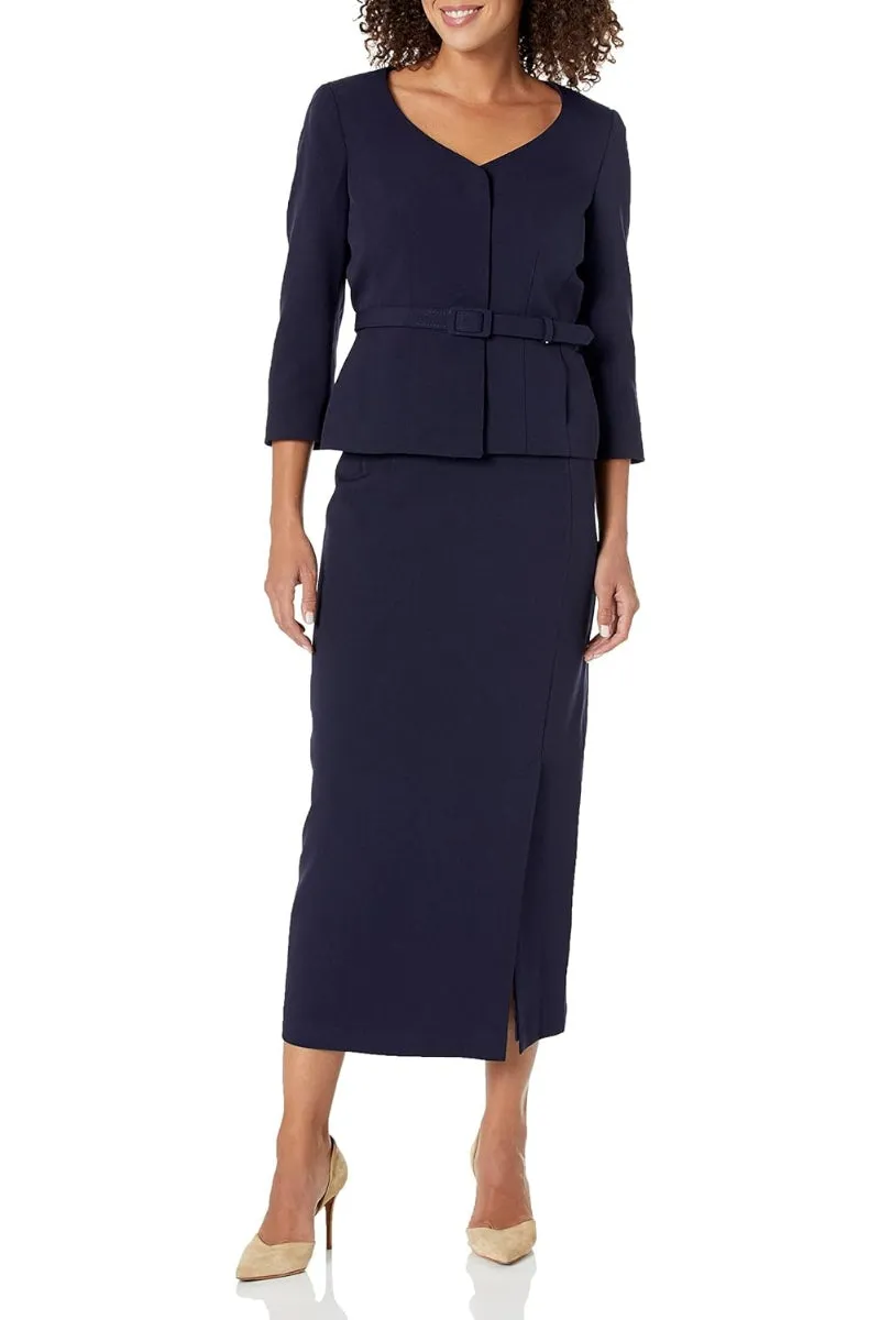 Le Suit Crepe Collarless Belted Jacket and Column Skirt Suit