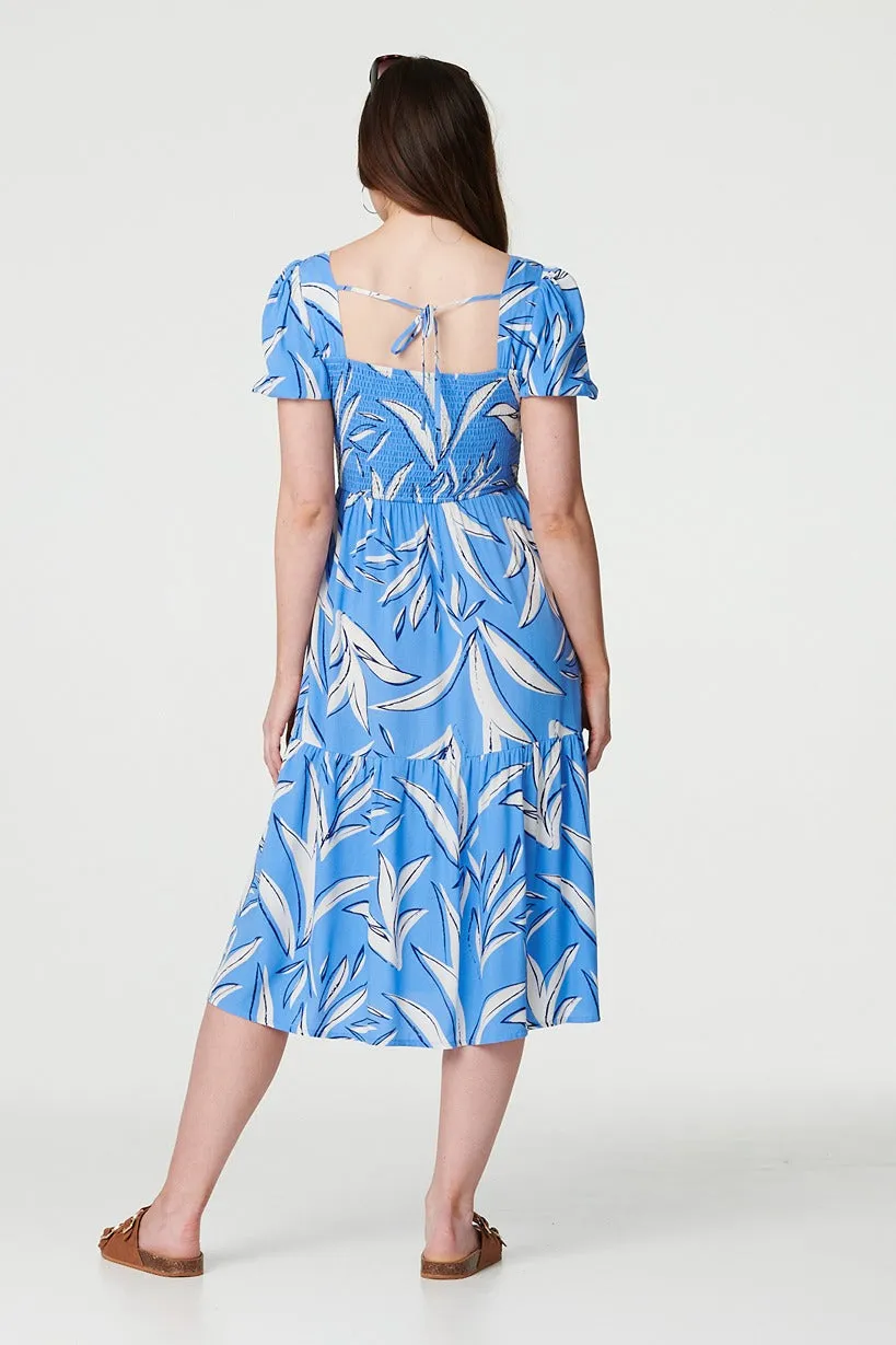 Leaf Print Smocked Midi Dress