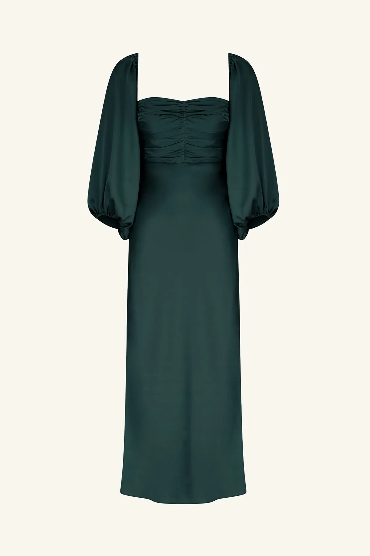 LUXE RUCHED BODICE LONG SLEEVE MIDI DRESS - EMERALD