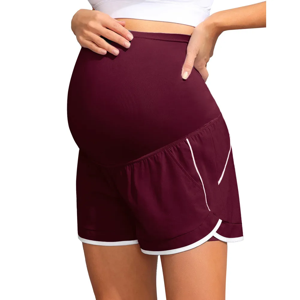 Maacie Wine Red Maternity Double Layer Casual Athletic Shorts with Side Pockets