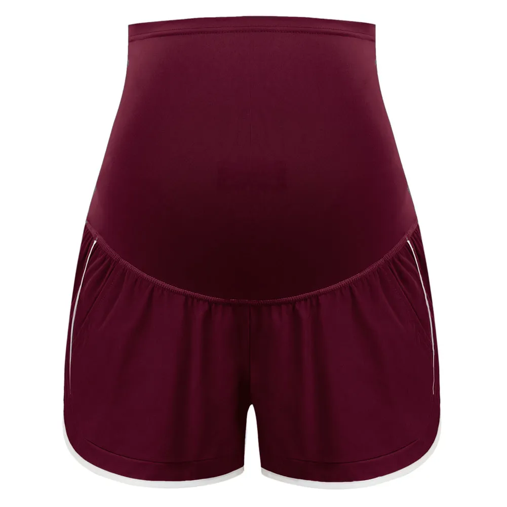 Maacie Wine Red Maternity Double Layer Casual Athletic Shorts with Side Pockets