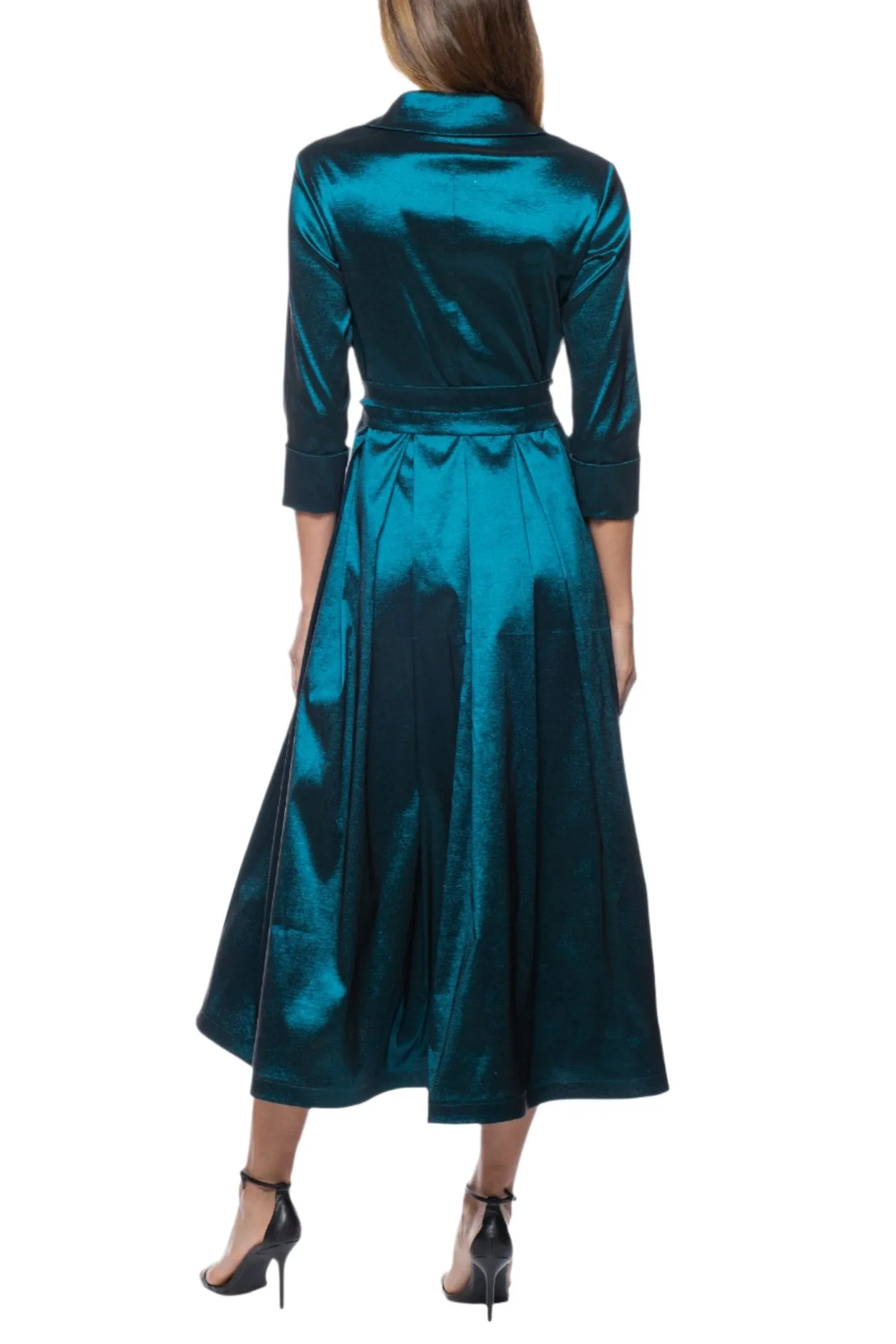 Marina 3/4 Sleeve Point Collar Neck Tie Waist Taffeta Midi A-LIne Dress - Wholesale