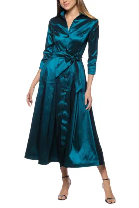 Marina 3/4 Sleeve Point Collar Neck Tie Waist Taffeta Midi A-LIne Dress - Wholesale