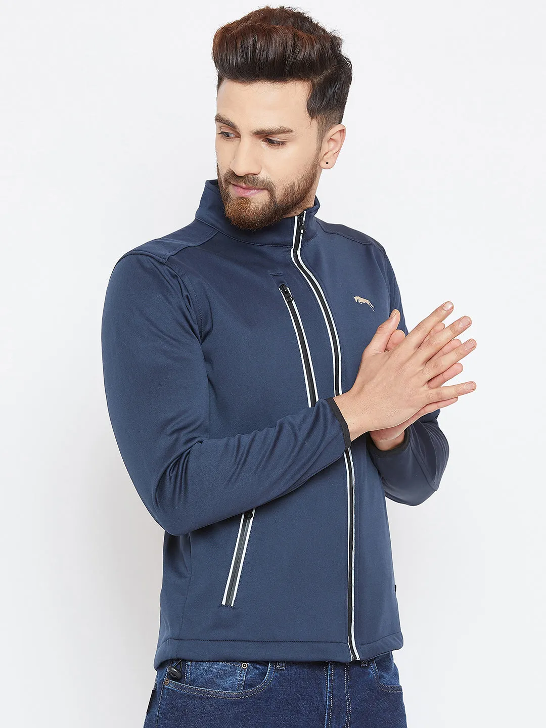 Men Navy Blue Solid Sporty Jacket