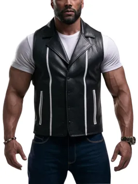 Men's Black Cinch Leather Vest With White Stripe Detailing