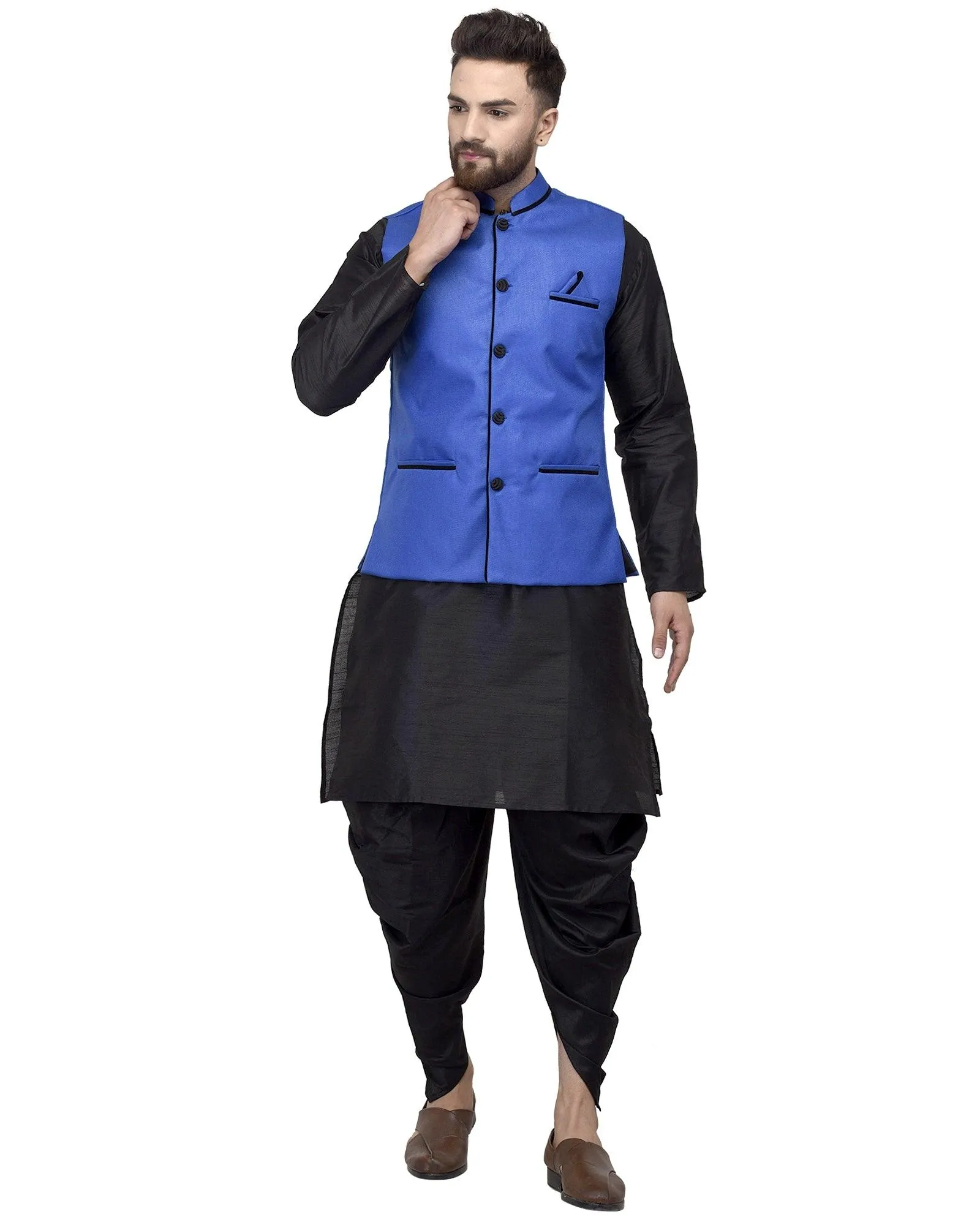 Men's Black Kurta With Dhoti & Royal Blue Solid Nehru Jacket - Benstoke