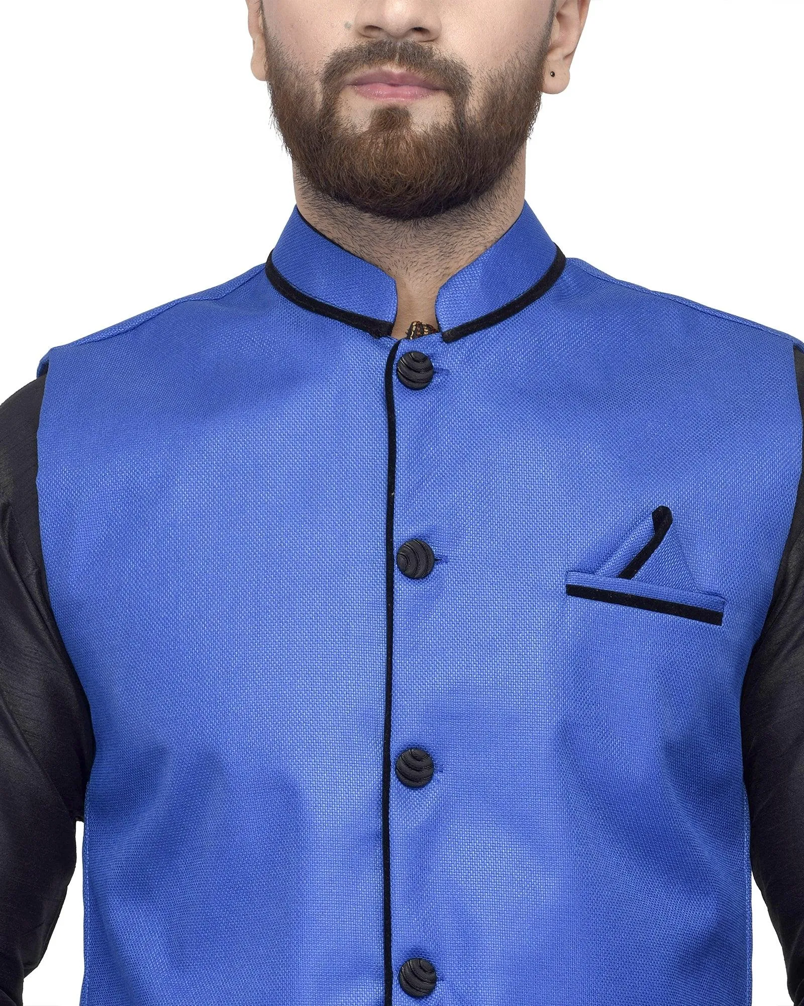 Men's Black Kurta With Dhoti & Royal Blue Solid Nehru Jacket - Benstoke