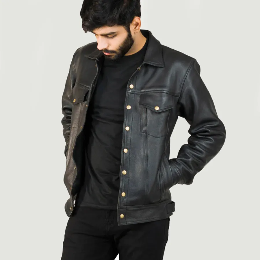 Men's Chest Pockets Leather Jacket with Collar