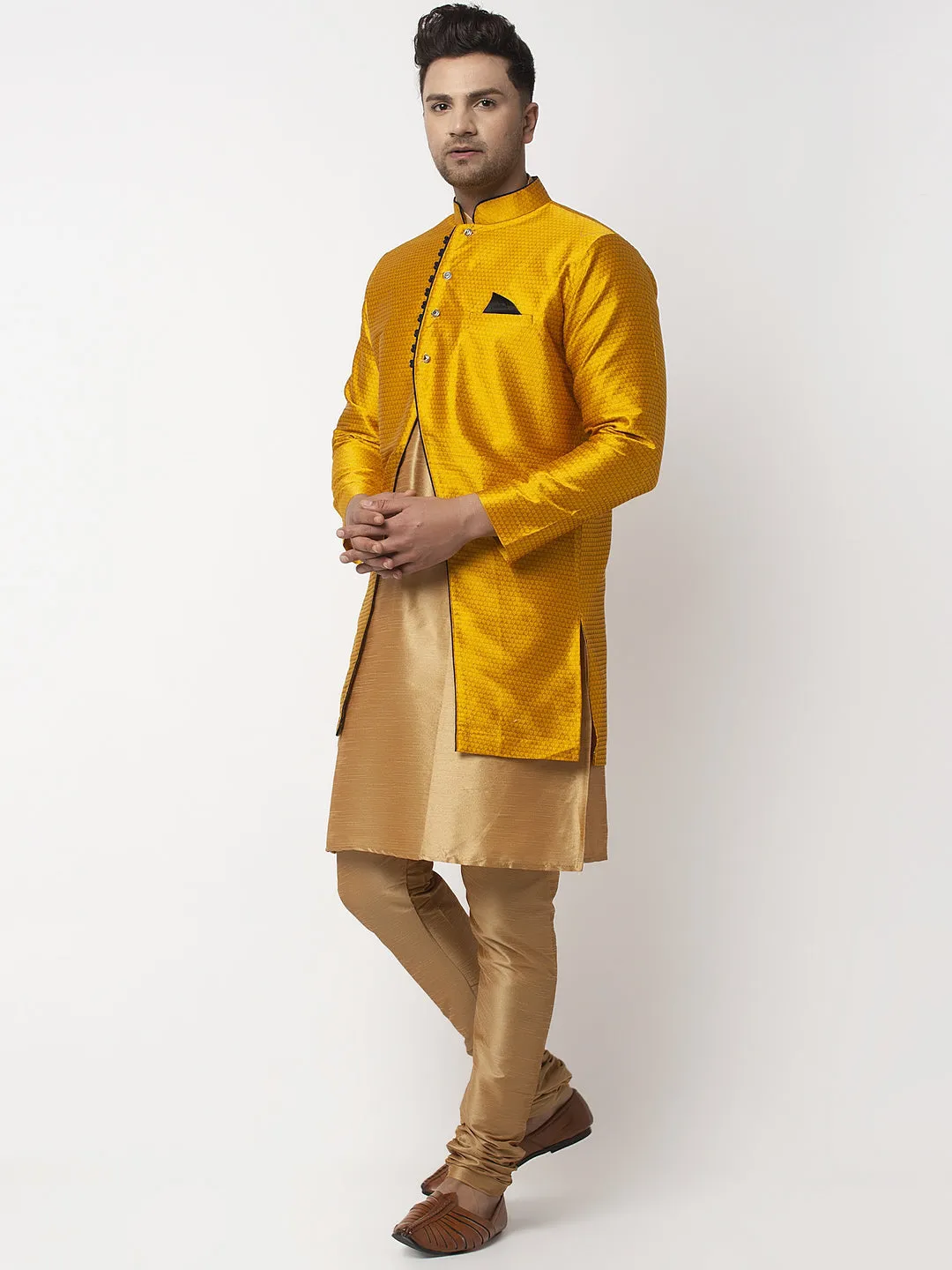 Men's Copper Kurta With Pyjama & Mustard Self Design Jacket - Benstoke