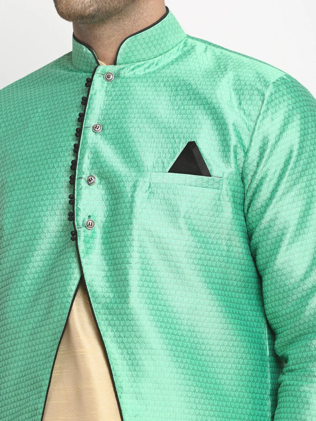 Men's Gold Kurta With Pyjama & Sea Green Self Design Jacket - Benstoke