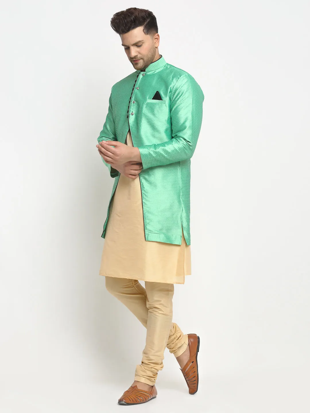 Men's Gold Kurta With Pyjama & Sea Green Self Design Jacket - Benstoke